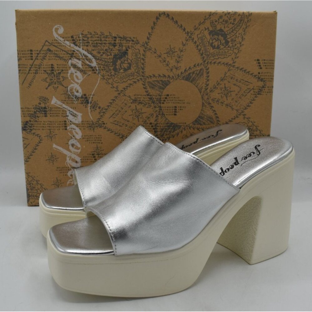 Free People EU 40 US 9.5 Zoe Platform Silver Metallic Leather Slide Sandal Shoes